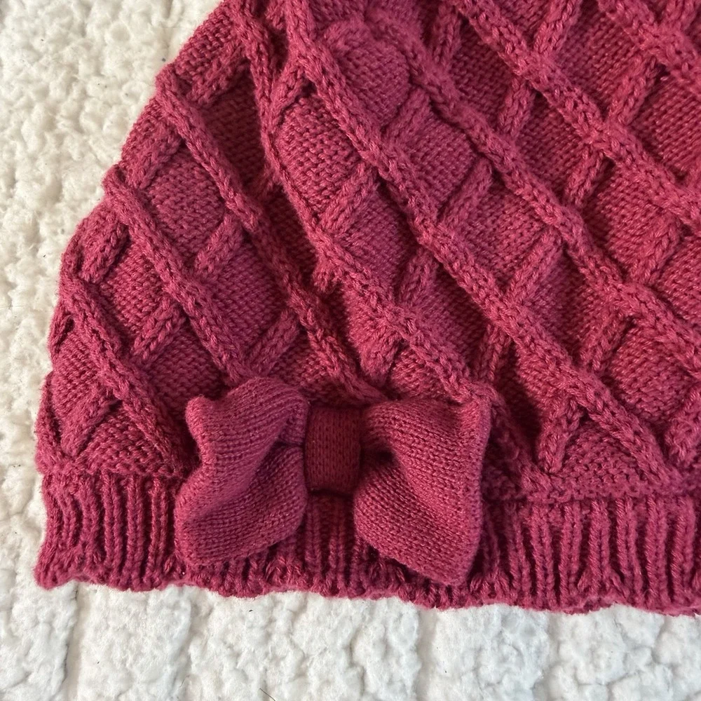 Janie And Jack Kids Criss Cross Knit Winter Hat with Bow for Girls Burgundy 4 -5